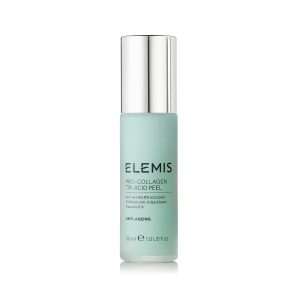 "Elemis Pro-Collagen Tri-Acid Peel emballasje og produktbilde, fremhever den elegante flasken mot en ren og luksuriøs bakgrunn."