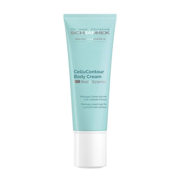 "Flaske av Dr. Schrammek CelluContour Body Cream plassert elegant mot en rolig bakgrunn, perfekt for å fremheve produktets luksuriøse og effektive natur."