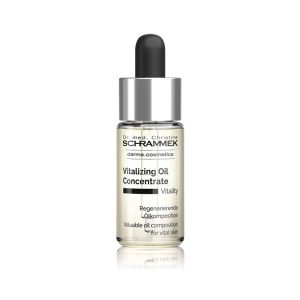 "Luksuriøs flaske av Dr. Schrammek Vitalizing Oil Concentrate mot en ren og elegant bakgrunn, ideell for å fremheve produktets eksklusive og foryngende natur."