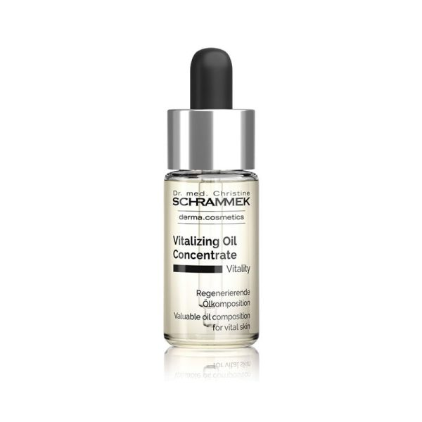 "Luksuriøs flaske av Dr. Schrammek Vitalizing Oil Concentrate mot en ren og elegant bakgrunn, ideell for å fremheve produktets eksklusive og foryngende natur."