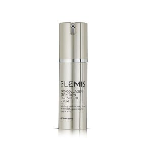 "Bilde av Elemis Pro-Definition Face & Neck Serum flaske, designet for å forbedre og definere ansikts- og halskonturen."