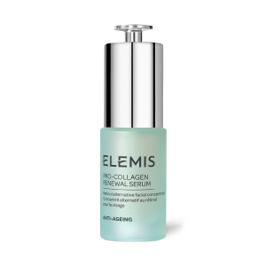 "Elemis Pro-Collagen Renewal Serum flaske på en elegant overflate, understreker serumets foryngende egenskaper"