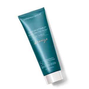 "Bilde av Colorescience Total Protection Body Shield SPF50 – Bronze, vist i sin elegante emballasje mot en lys bakgrunn, fremhever produktets solbeskyttende."