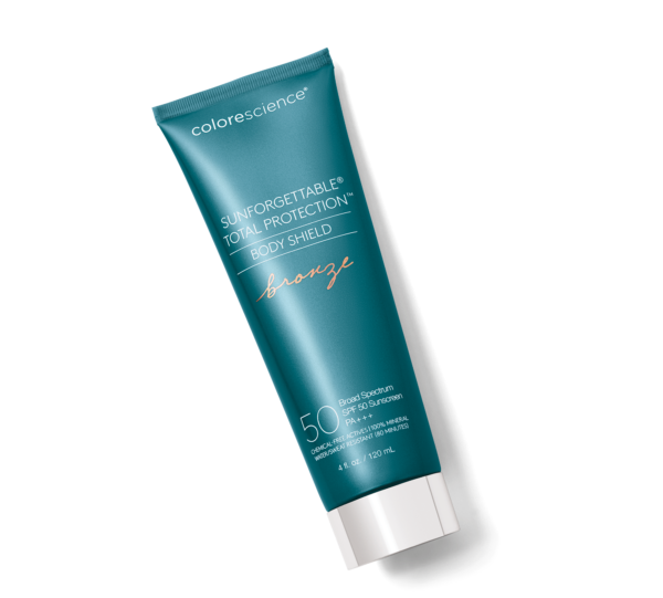 "Bilde av Colorescience Total Protection Body Shield SPF50 – Bronze, vist i sin elegante emballasje mot en lys bakgrunn, fremhever produktets solbeskyttende."