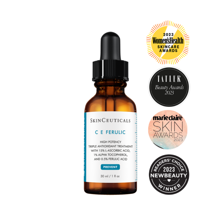 Bilde av SkinCeuticals C E Ferulic antioksidantserum i en glassflaske med dråpeteller, prisvinnende serum som er perfekt for å beskytte og forbedre hudens utseende