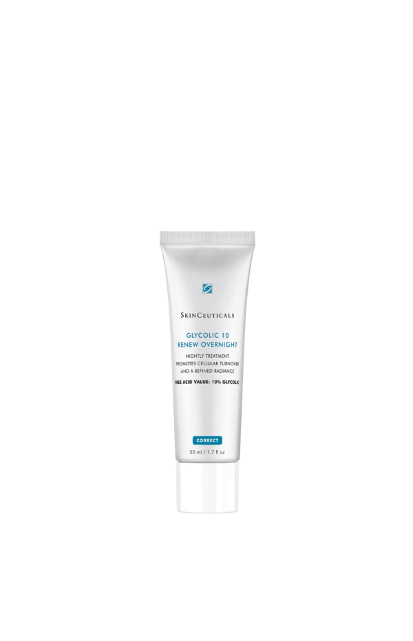 Bilde av SkinCeuticals Glycolic 10 Renew Overnight pakning på en ren og stilig bakgrunn, illustrerer produktets elegante design og effektive ingredienser