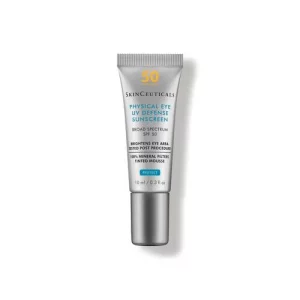 Produktbilde av SkinCeuticals Mineral Eye UV Defense Sunscreen SPF 30, en diskret og effektiv solbeskyttelseskrem for øyepartiet, presentert i en elegant tube